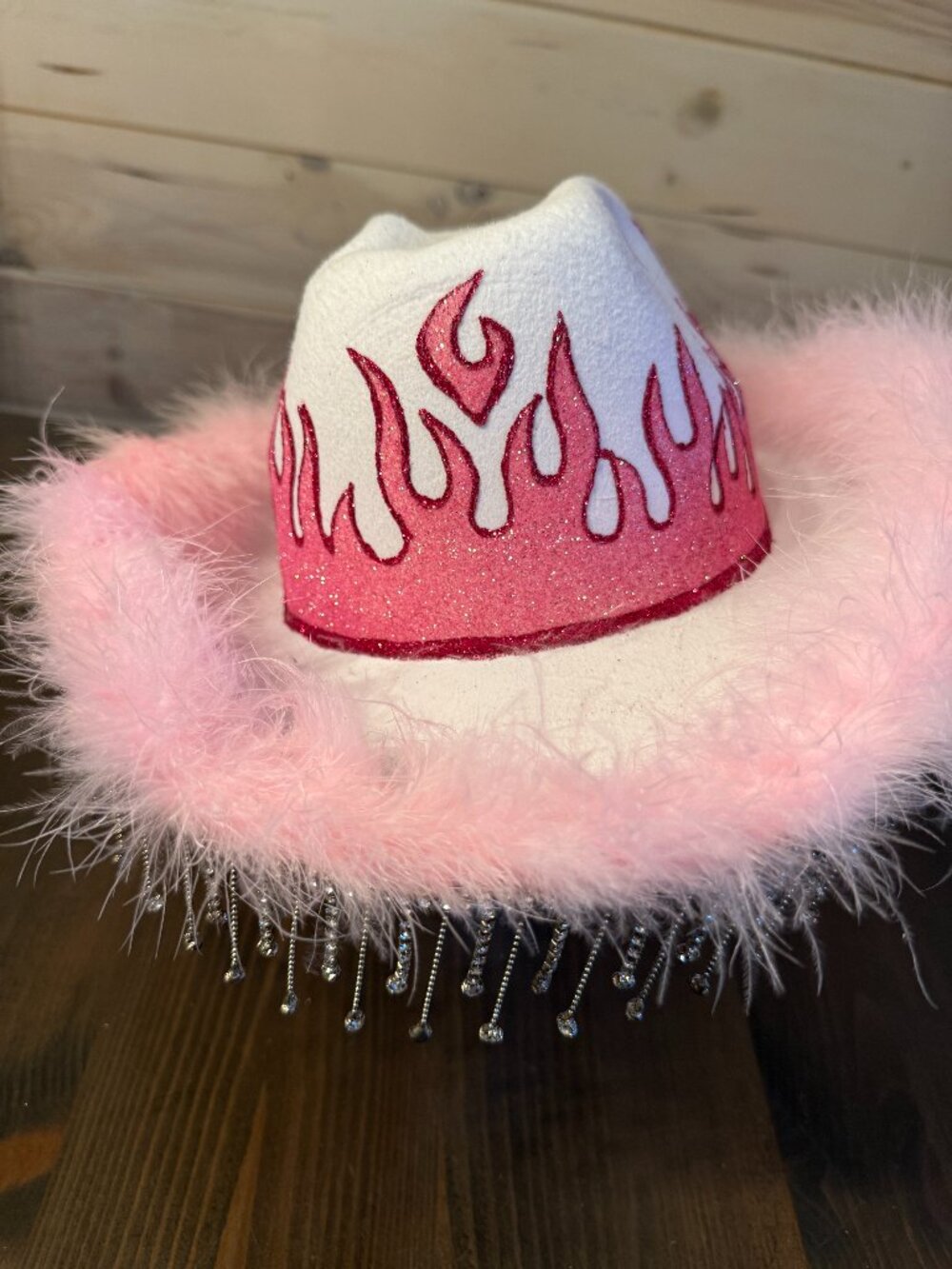 Party City Pink Flame Cowboy hat Hanging Rhinestones Faux Feathers NWT